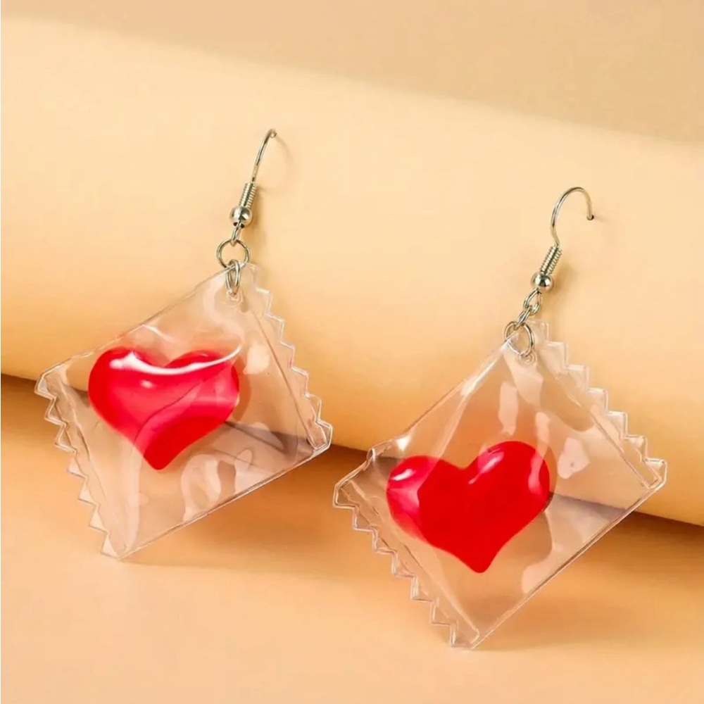 Valentines Dangle Earrings Heart Shape Candy Pendant Design Plastic Earrings
